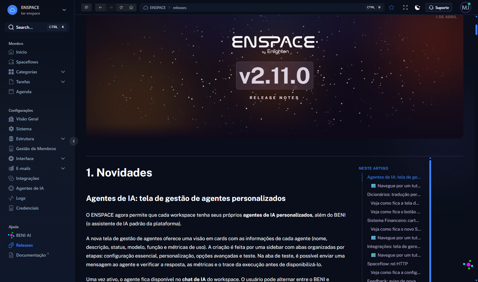 Ao acessar uma release, você terá acesso ao blogpost que apresenta o seu conteúdo