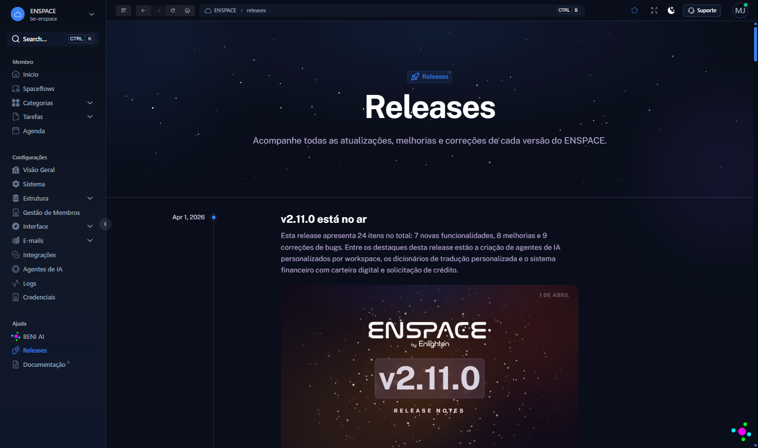 Pronto! Você já pode ver novamente a linha do tempo das versões do ENSPACE