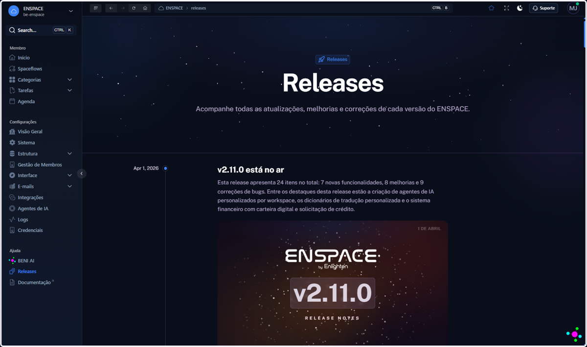 Pronto! Você já pode ver novamente a linha do tempo das versões do ENSPACE