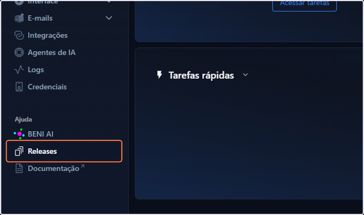 No menu lateral esquerdo do seu workspace, na seção Ajuda, clique em Releases
