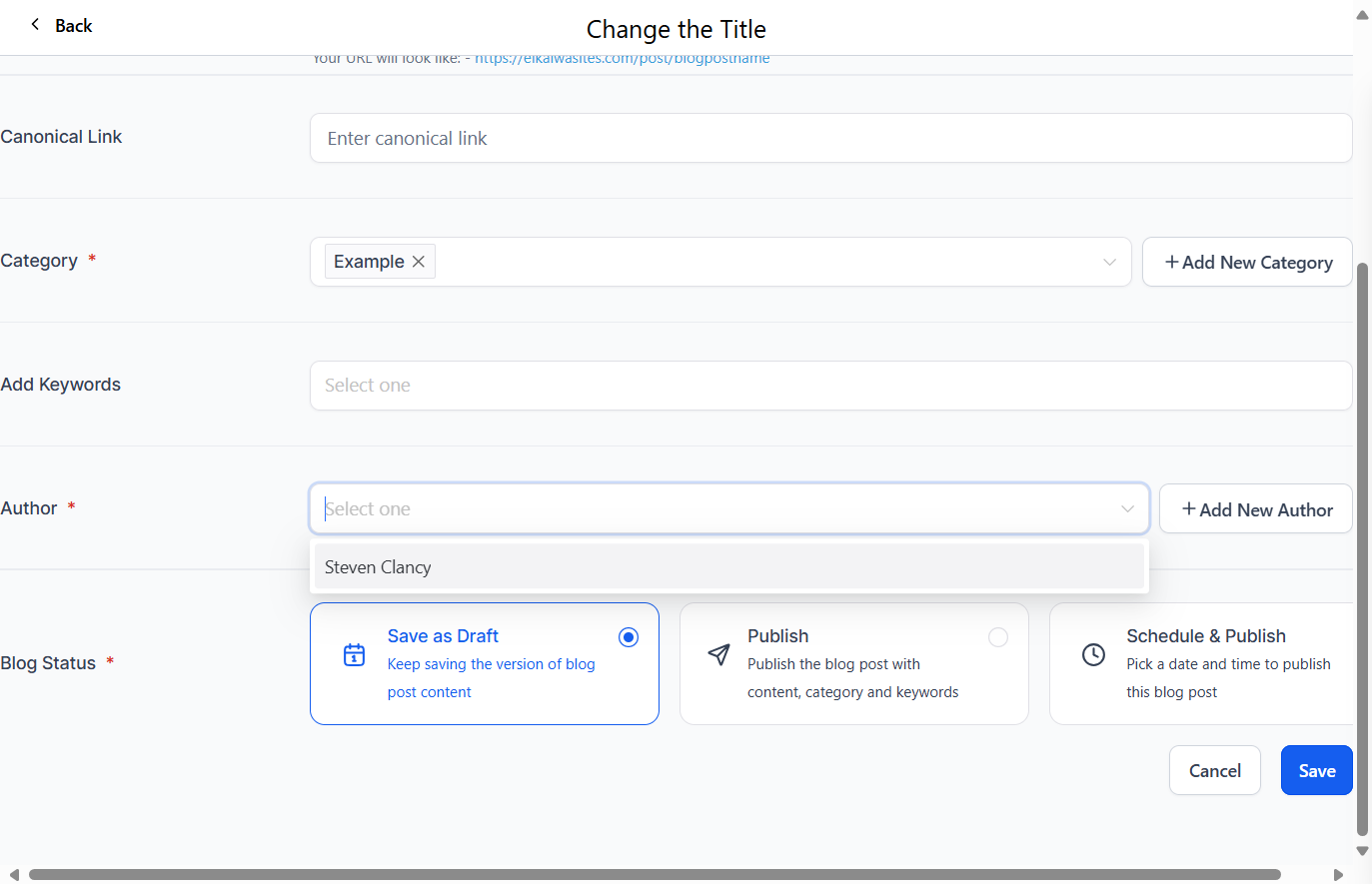 Select, or add an author. Note that this cannot be changed later