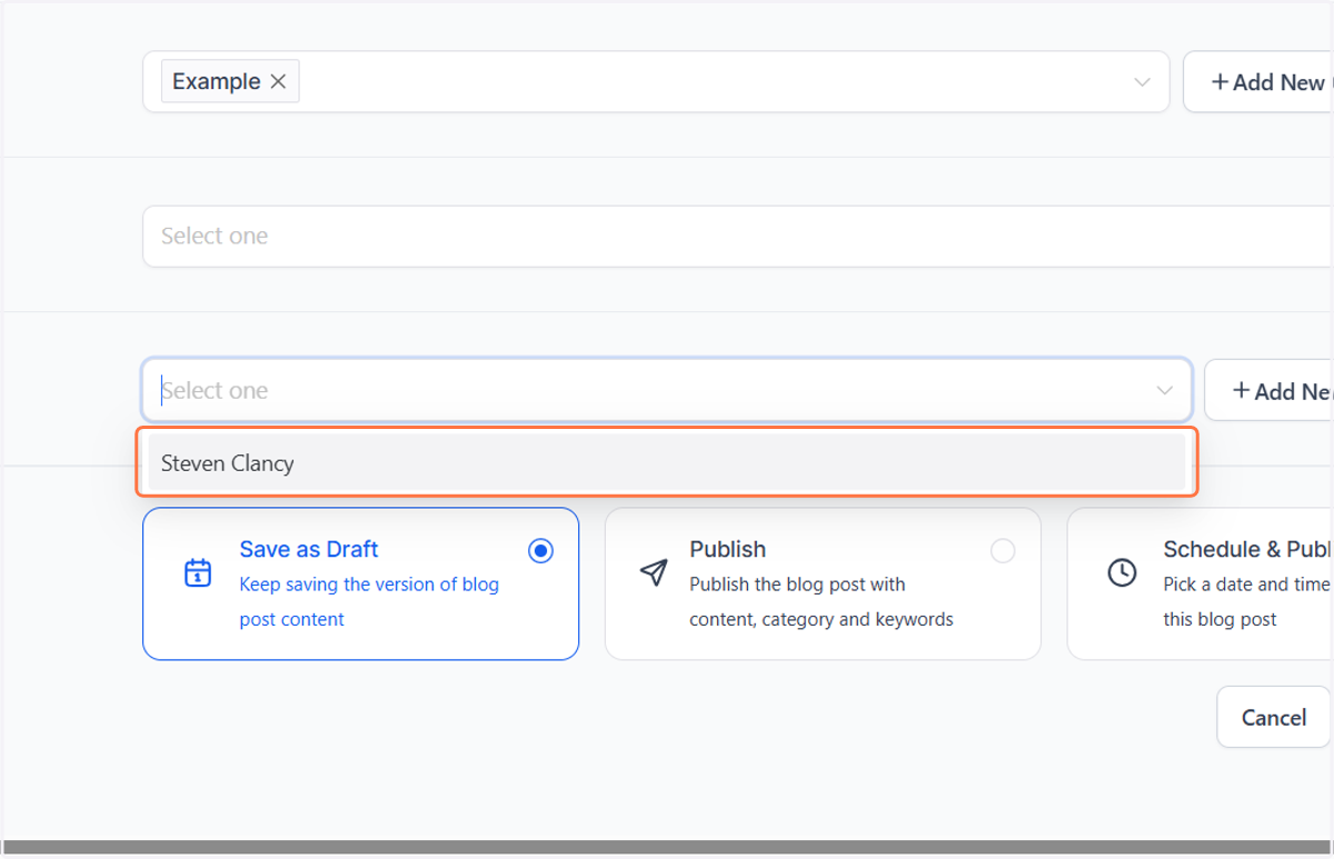 Select, or add an author. Note that this cannot be changed later