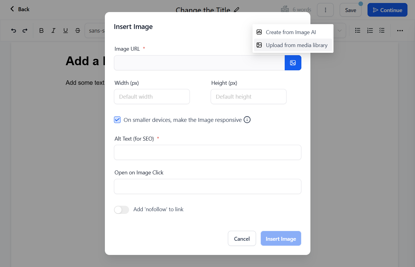 Click on upload from media library and double-click the image you want to use