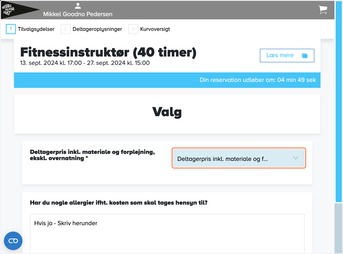 Klik på "Deltagerpris inkl. materiale og forplejning, ekskl. overnatning *"