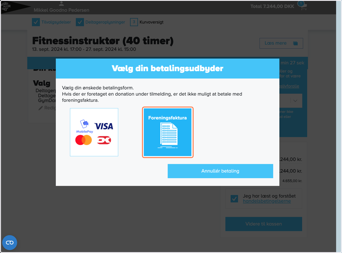 Vælg "Foreningsfaktura" for at sende fakturaen til foreningens kasserer