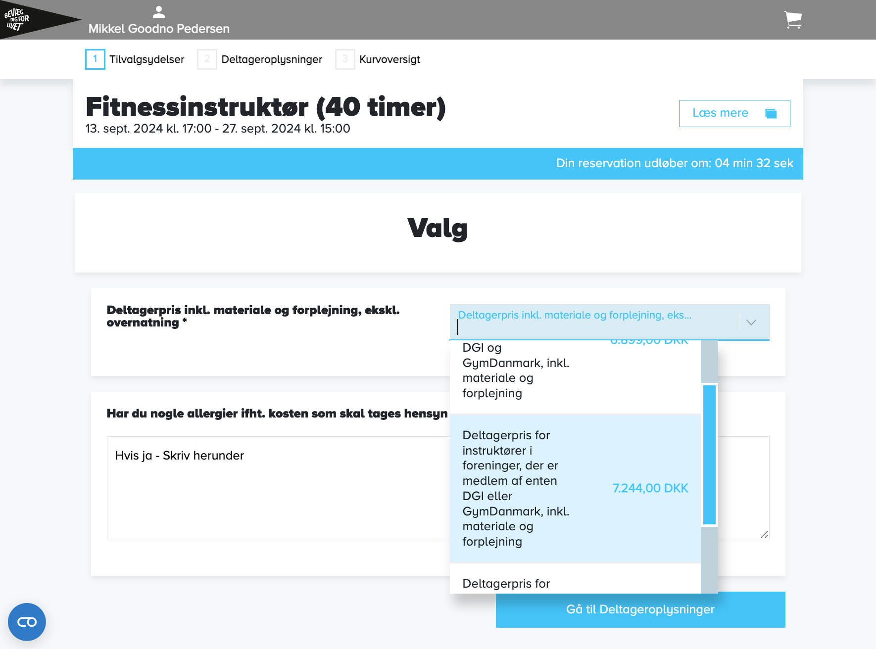 Vælg "Deltagerpris for instruktører i foreninger, der er medlem af enten DGI eller GymDanmark, inkl. materiale og forplejning…"