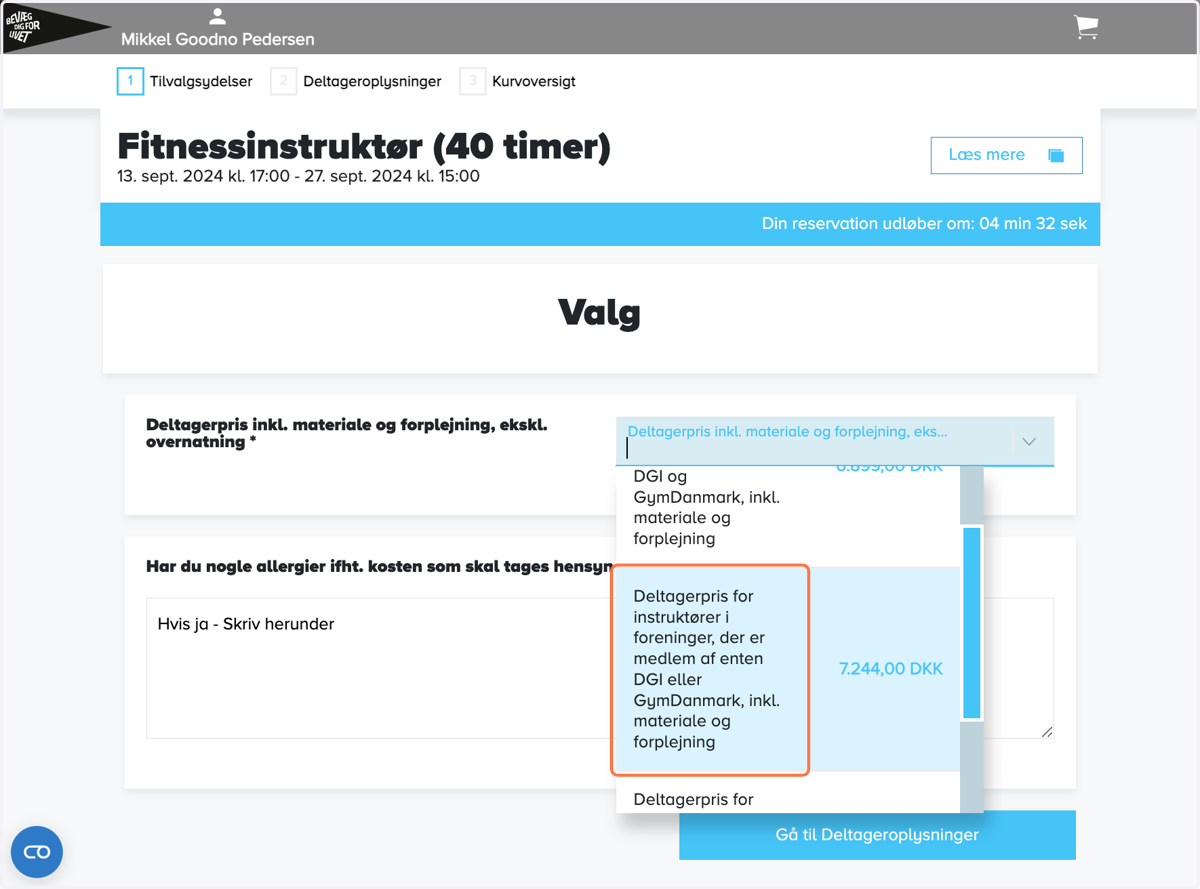 Vælg "Deltagerpris for instruktører i foreninger, der er medlem af enten DGI eller GymDanmark, inkl. materiale og forplejning…"