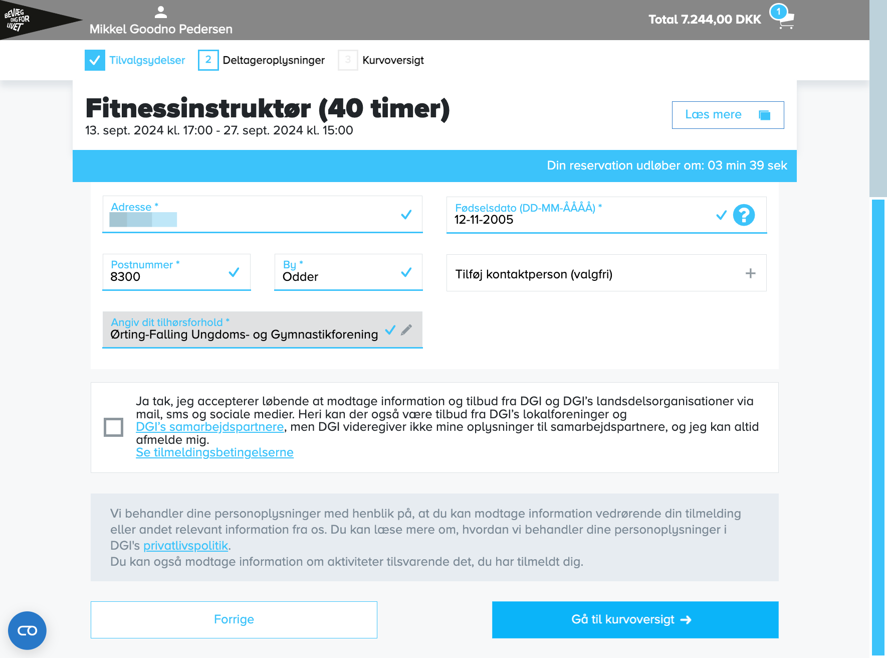 Udfyld formularen og klik på "Gå til kurvoversigt"