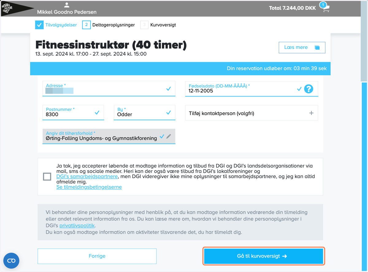 Udfyld formularen og klik på "Gå til kurvoversigt"