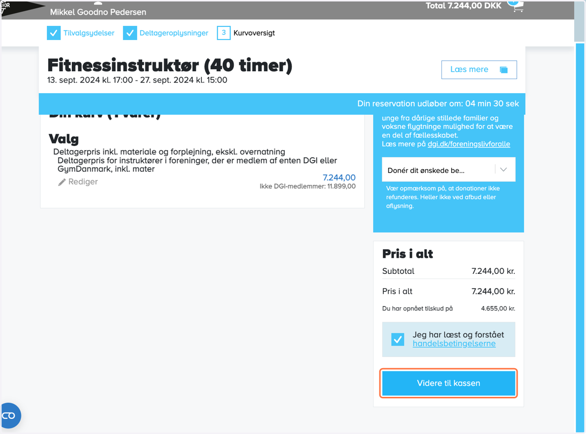 Klik på "Videre til kassen"