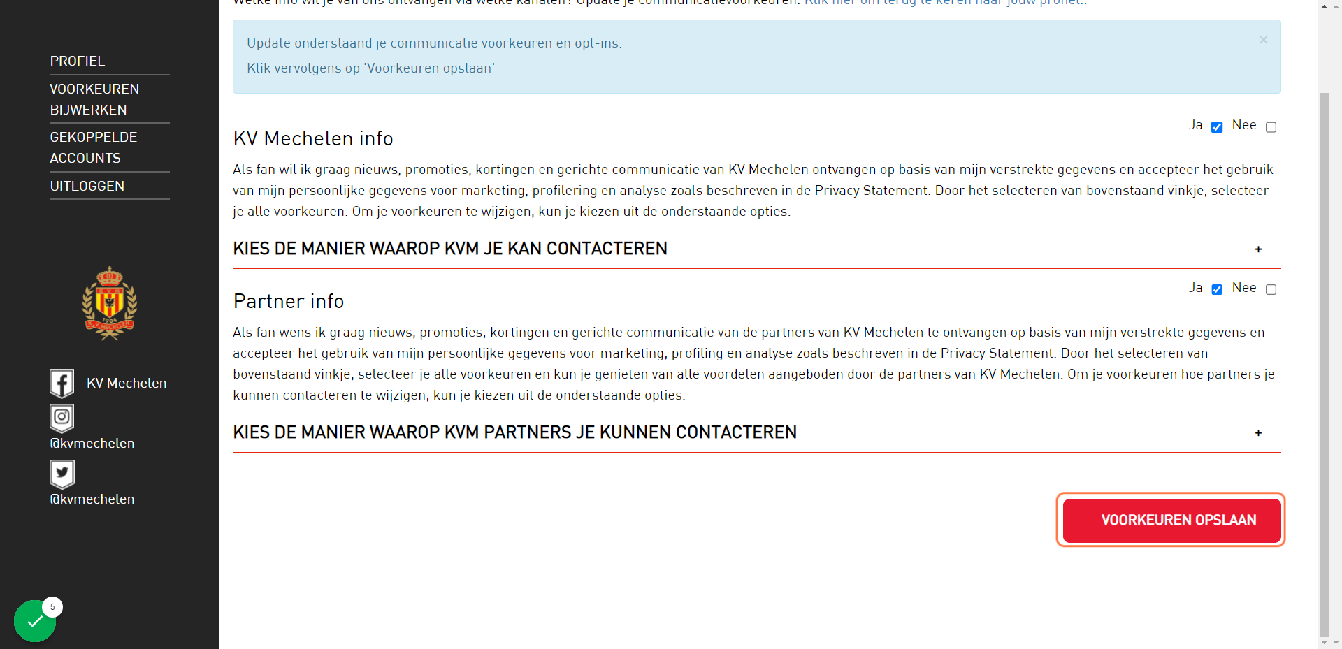 Klik op 'voorkeuren opslaan'