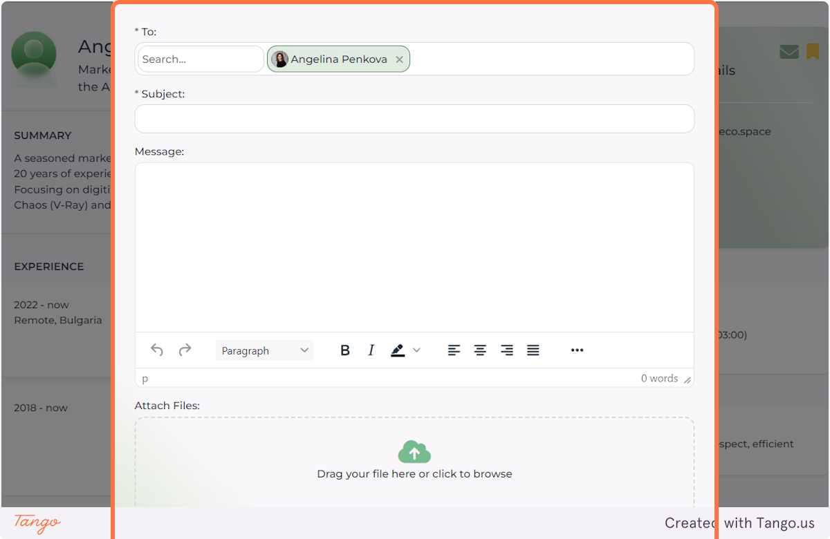 The Message field allows you to compose an email-style message with a Subject. a Message field and an Attachment field. You can add more than one Recipient from the TO field if you know their name and they have a profile in the Platform.