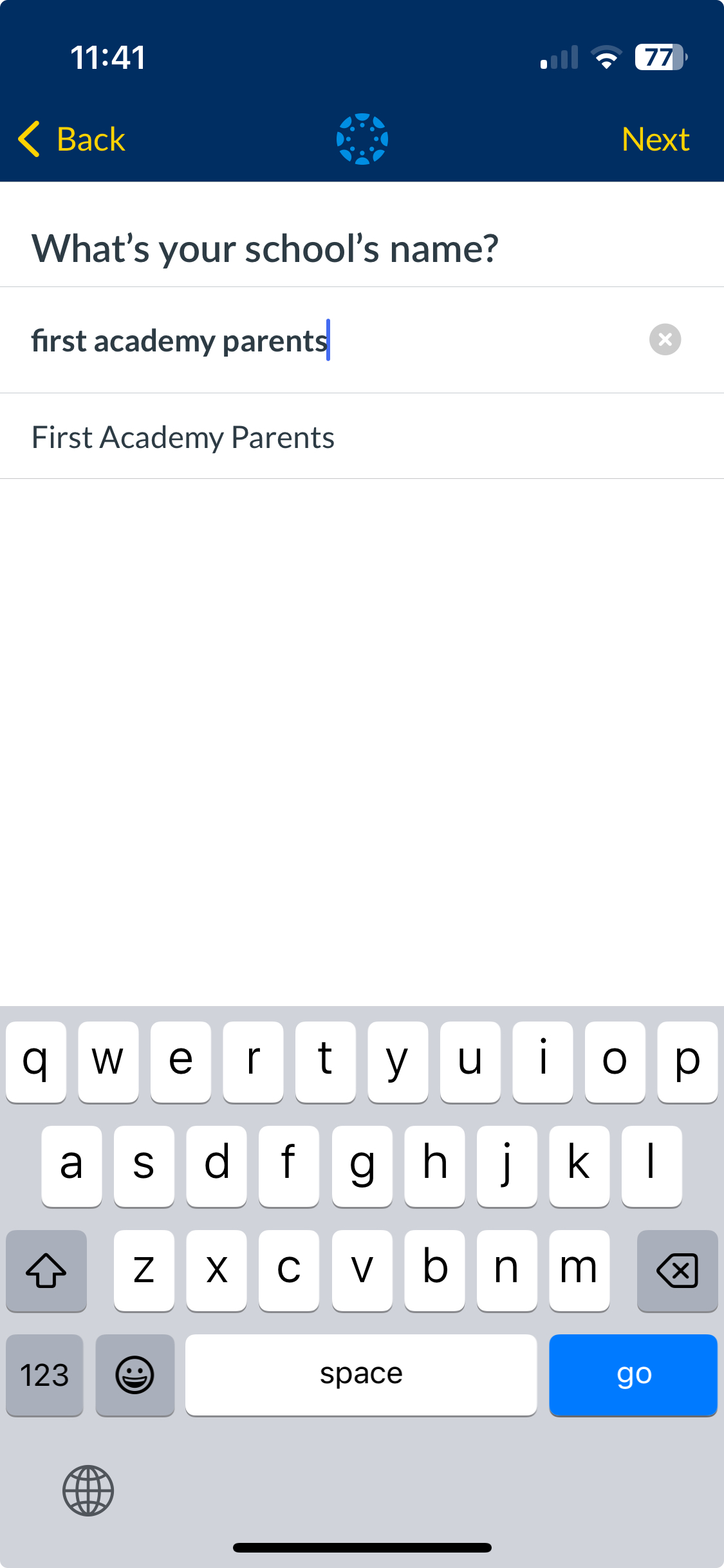 Type "First Academy Parents" and click when found