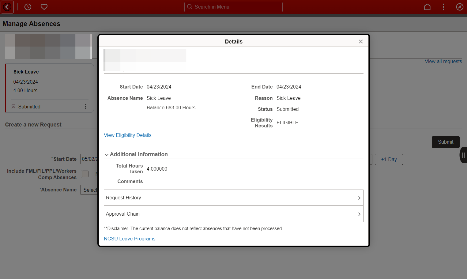 The Details of the request contain information such as the Status, Eligibility Status, and Request History