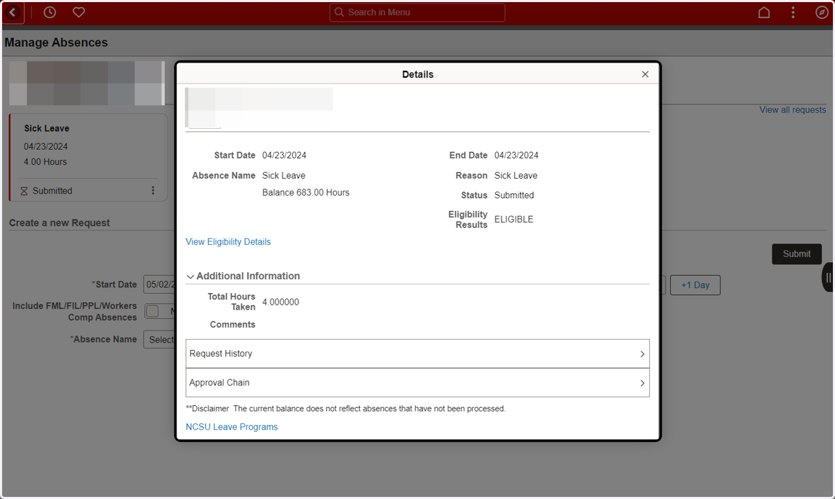 The Details of the request contain information such as the Status, Eligibility Status, and Request History