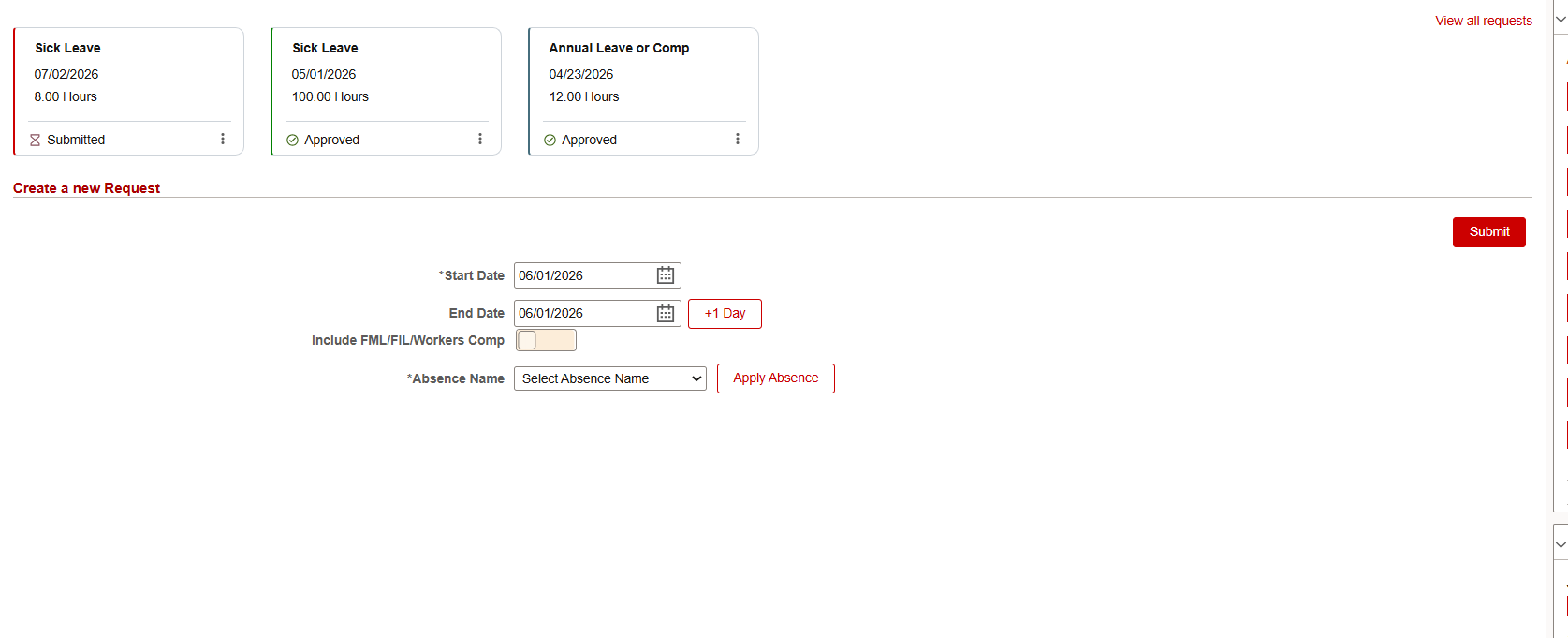 The newly Submitted request will now appear among the three most recent requests on the Manage Absences Page and Clicking on the stacked dots will allow you to view or cancel the request
