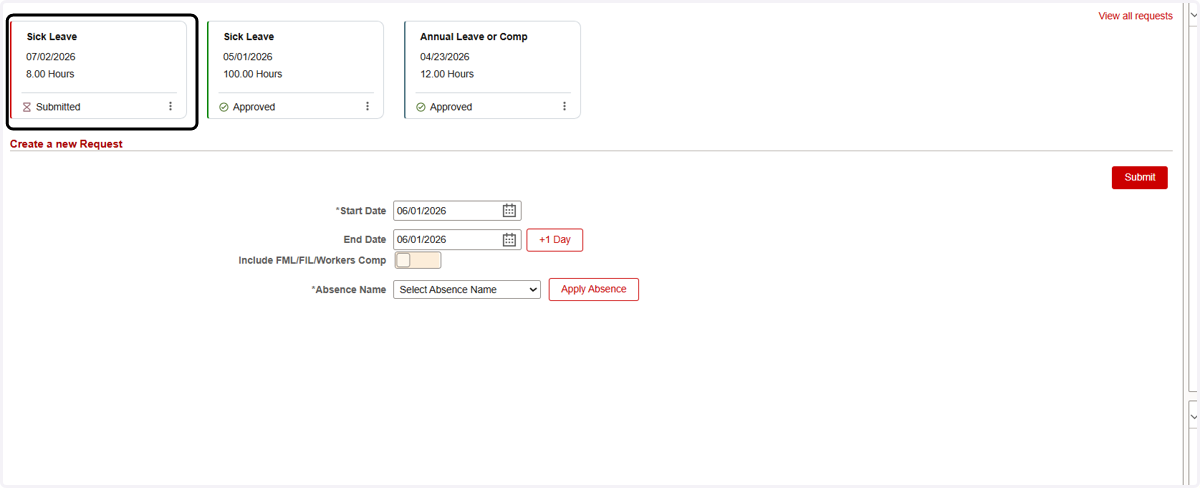 The newly Submitted request will now appear among the three most recent requests on the Manage Absences Page and Clicking on the stacked dots will allow you to view or cancel the request