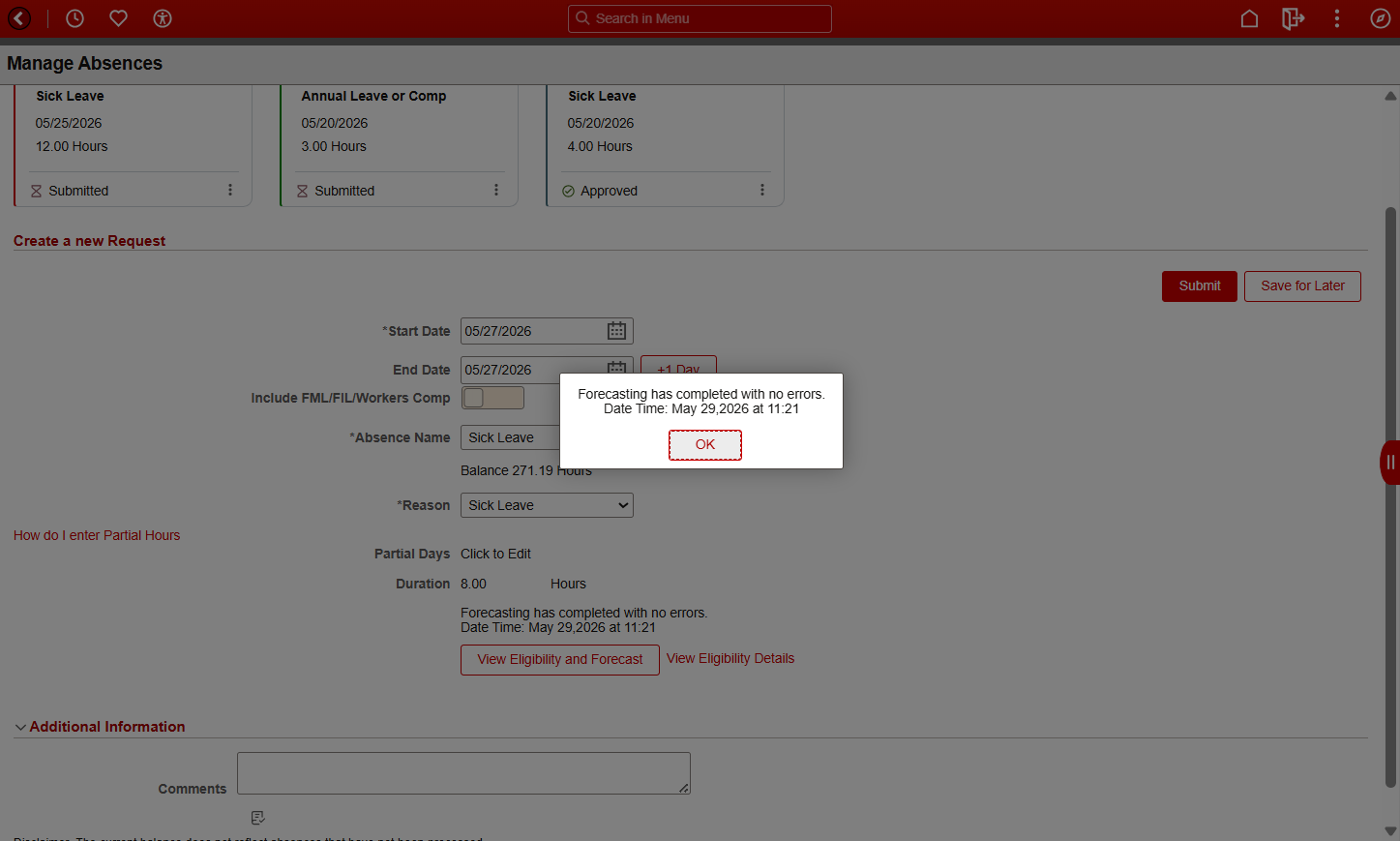 A. Forecasting has completed with no errors.… B. Click on OK