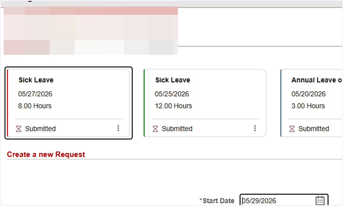 The newly Submitted request will now appear among the three most recent requests on the Manage Absences Page and Clicking on the stacked dots will allow you to view or cancel the request