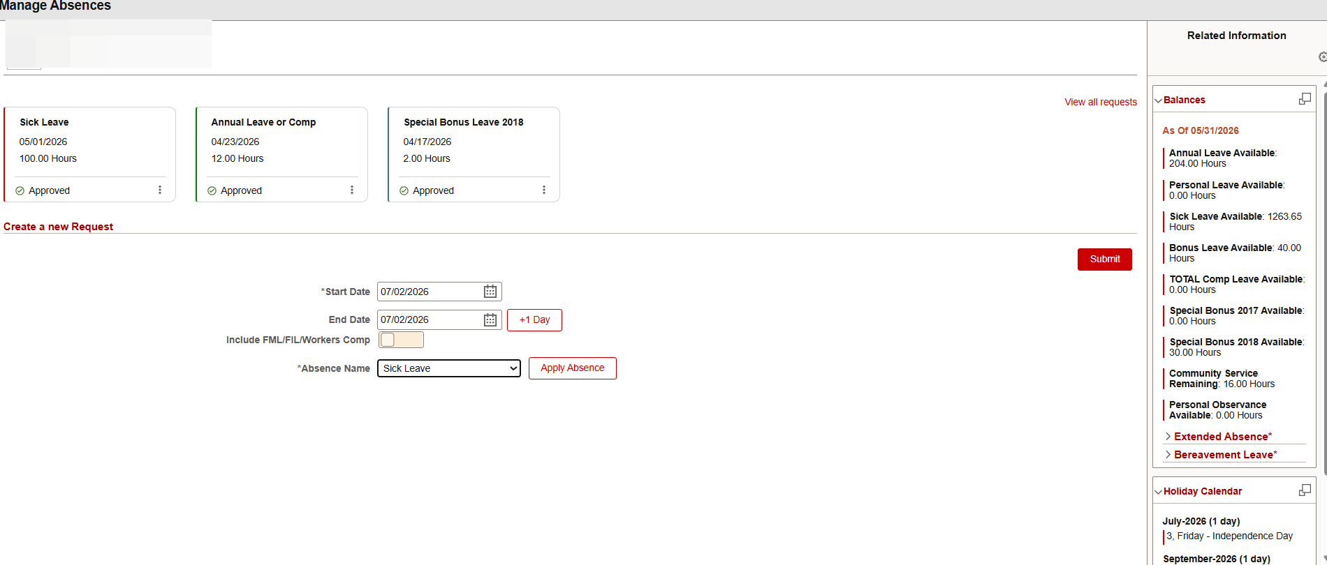 Select Sick Leave and click on Apply Absence