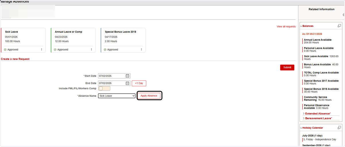 Select Sick Leave and click on Apply Absence