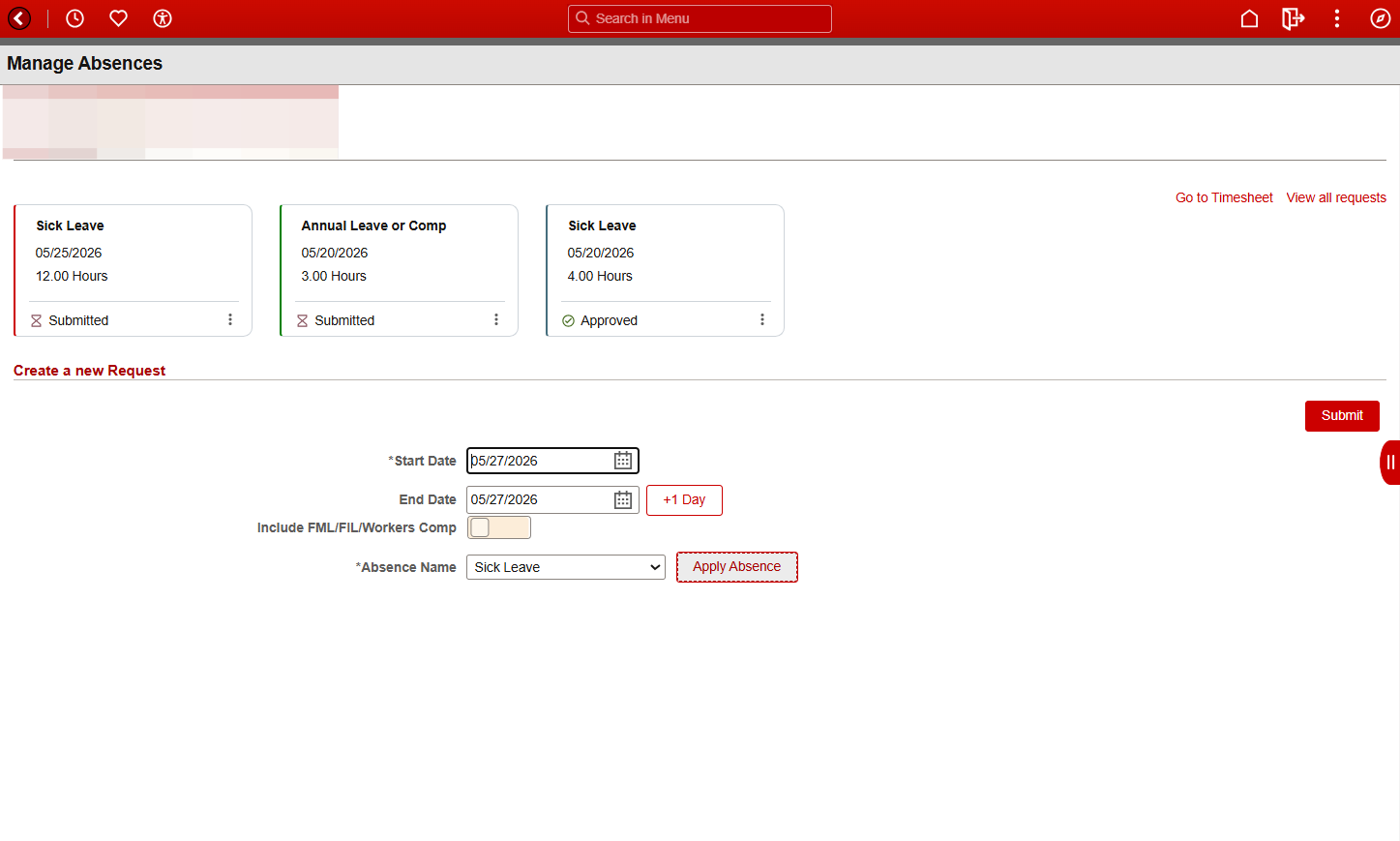 Select Sick Leave and click on Apply Absence