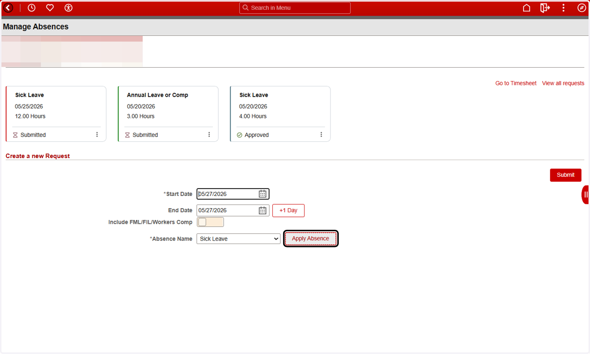 Select Sick Leave and click on Apply Absence