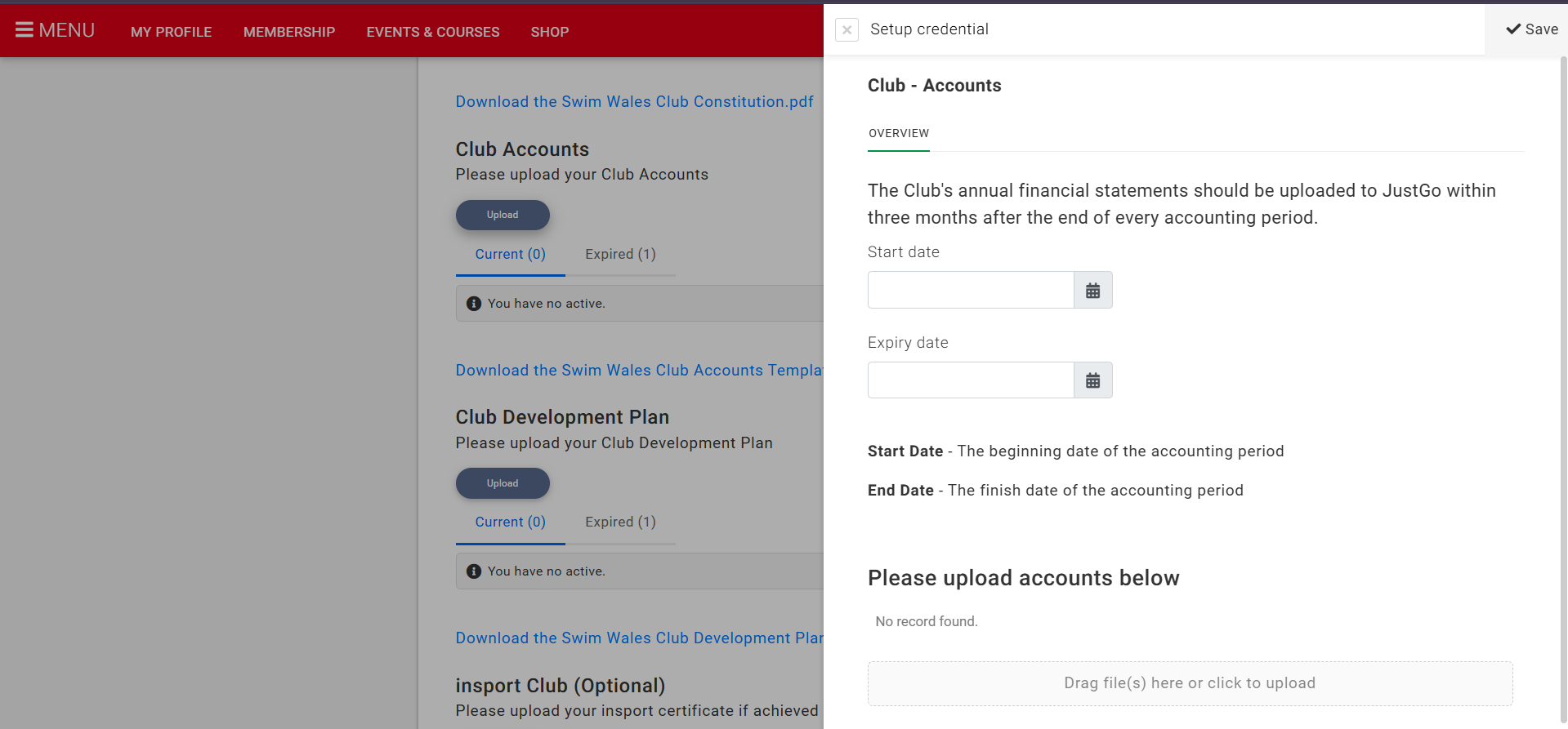 Enter the start and end date of your accounting period, upload your accounts and select save