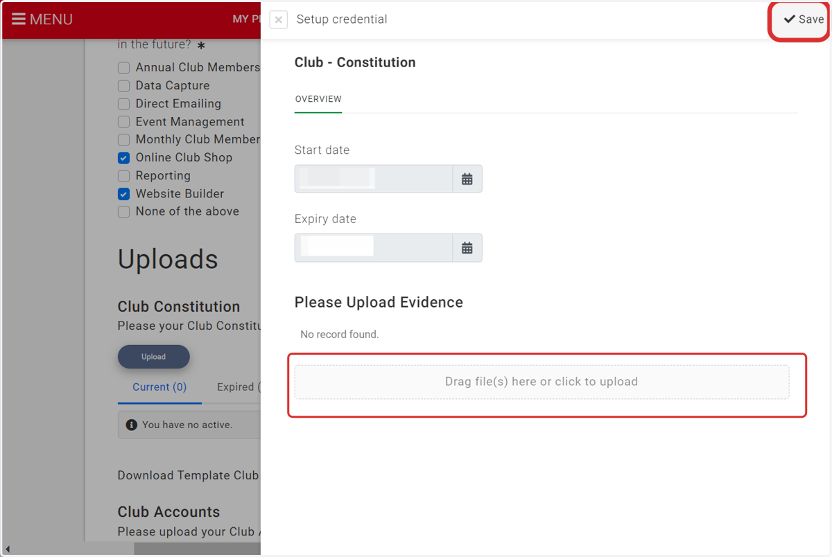 Upload your Club Constitution and select save