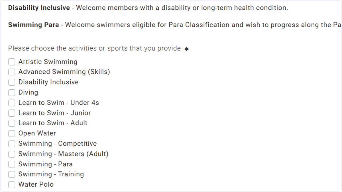 Choose the activities or sports that you provide