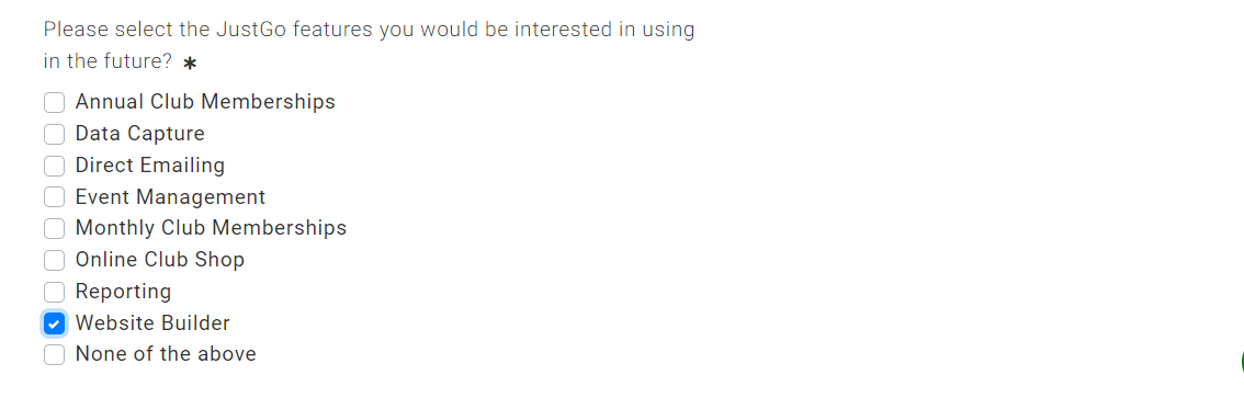 Select the JustGo features you're intereested in using
