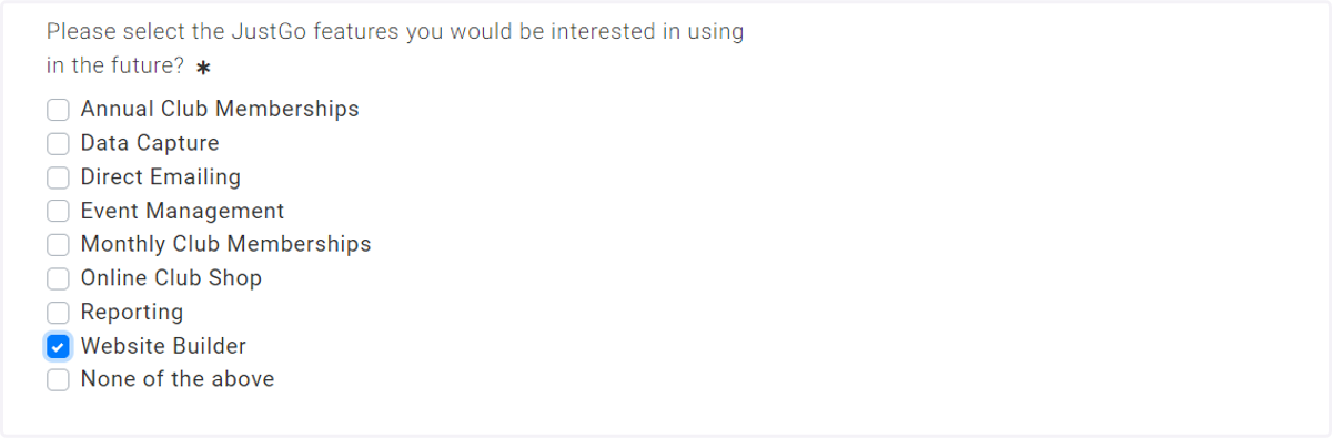 Select the JustGo features you're intereested in using