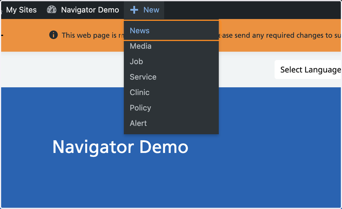 The + New drop-down, with "News" selected