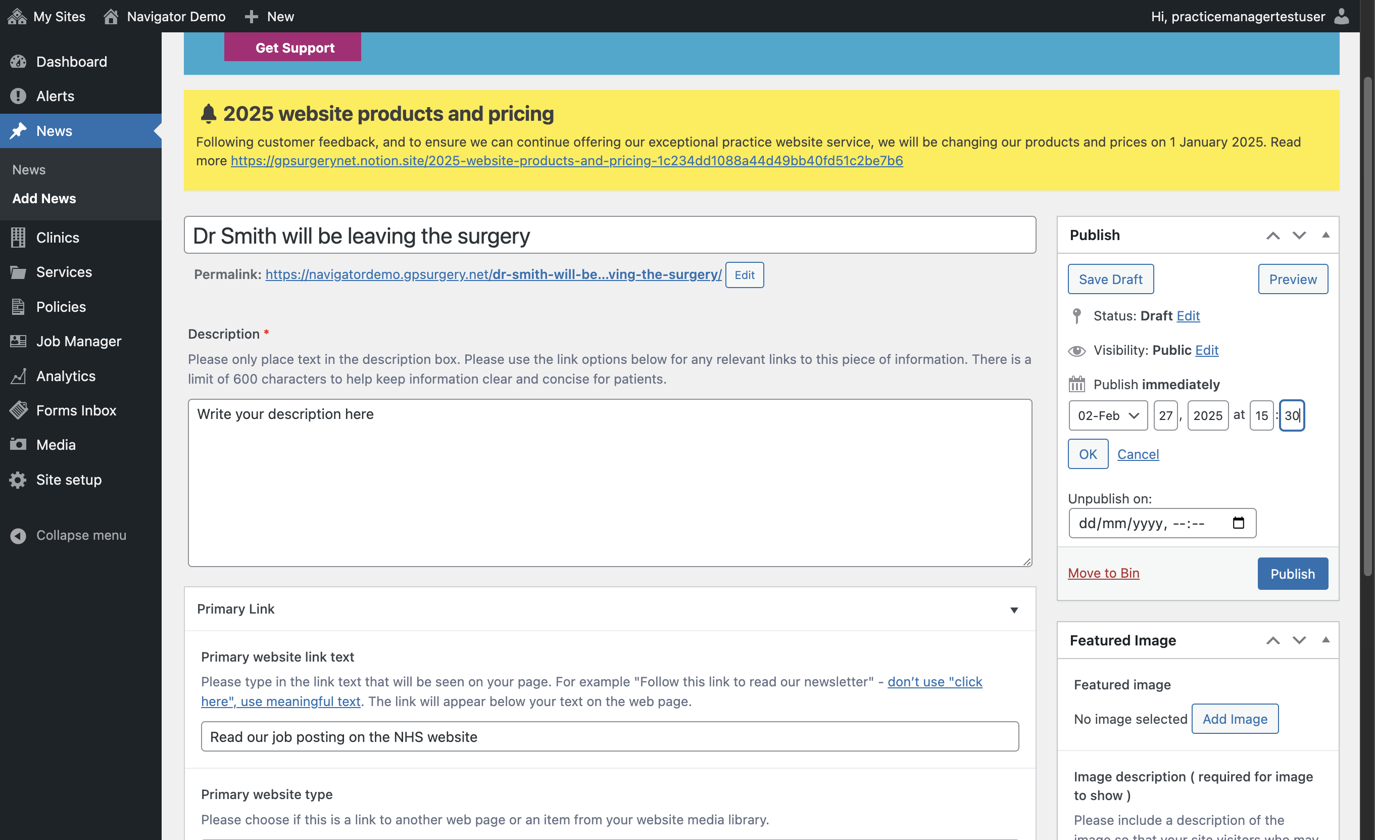 The Publish boxes for date and time filled in.