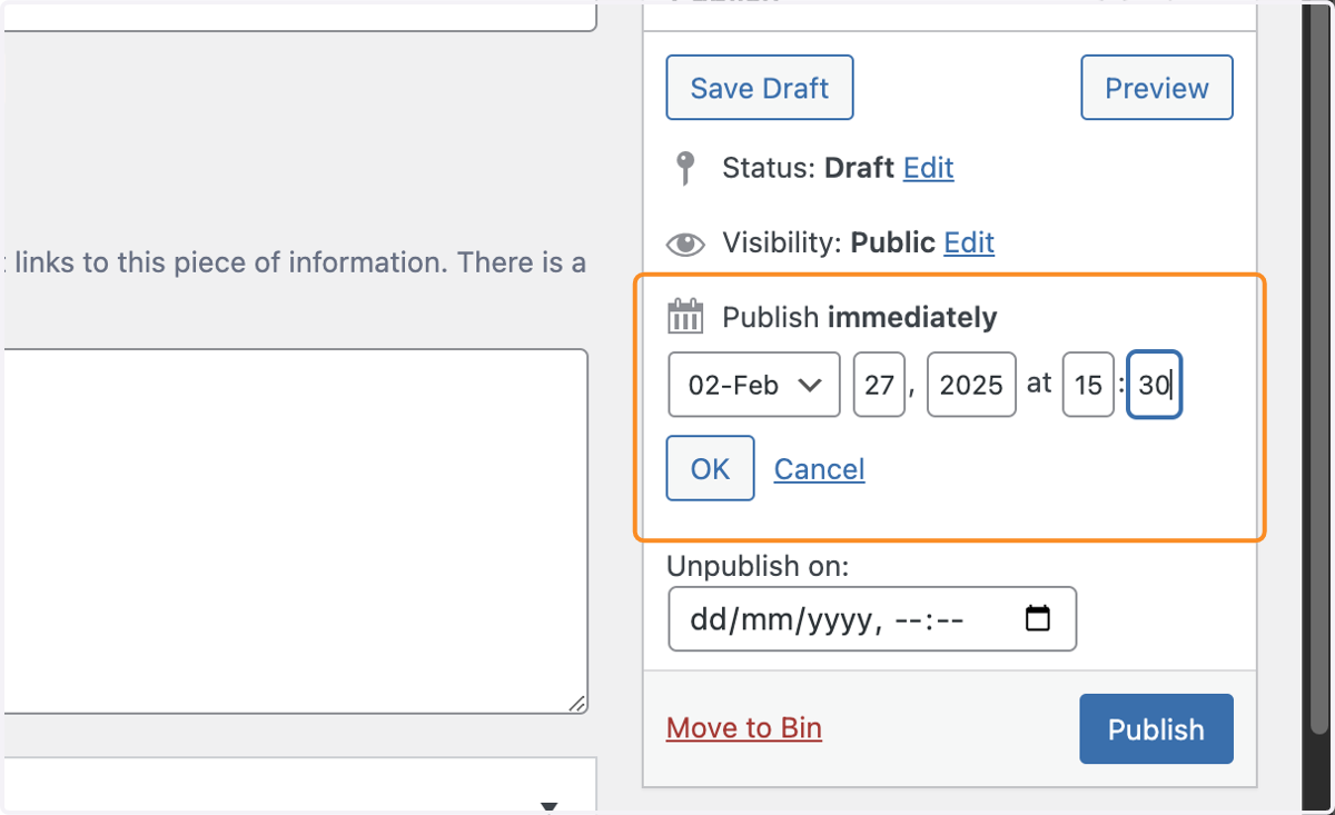 The Publish boxes for date and time filled in.