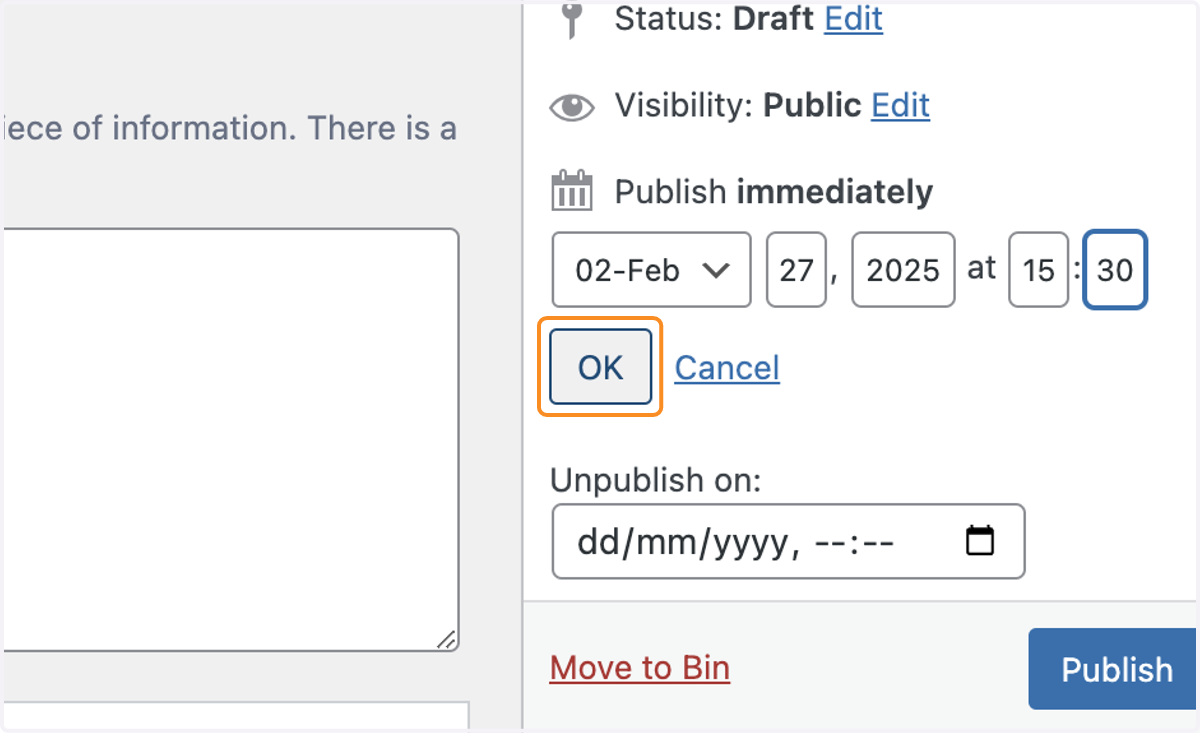 The OK button under the Publish date and time