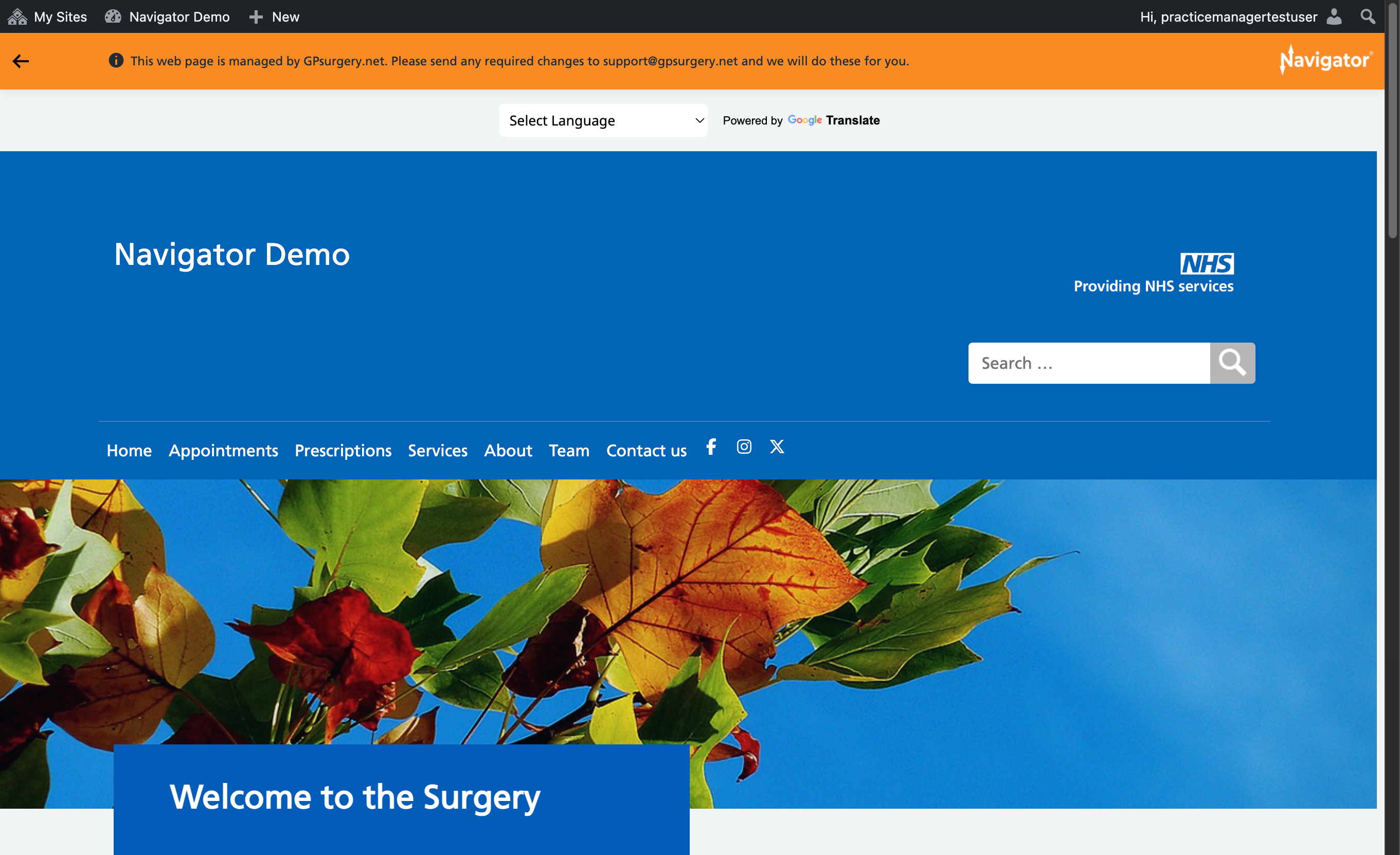 Ensure that you are logged into your Navigator website. The black admin toolbar will be visible at the top of the screen.