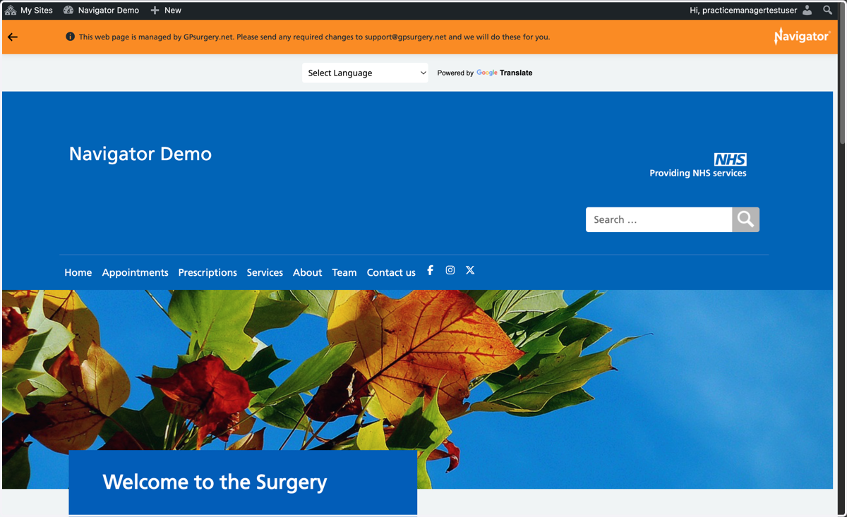 Ensure that you are logged into your Navigator website. The black admin toolbar will be visible at the top of the screen.