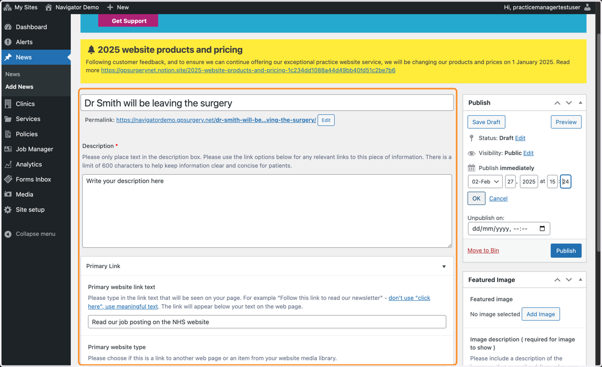 The News editor with the Title, Description and Primary Link boxes filled in.