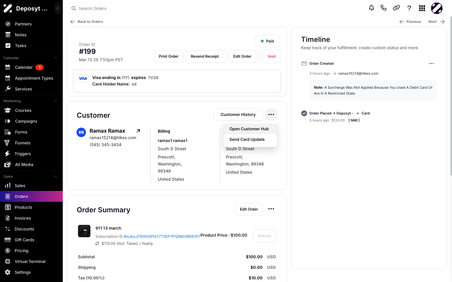 Step 4: You will now see the Order Summary. Under the Customer section, click the three-dot menu and select Open Customer Hub.