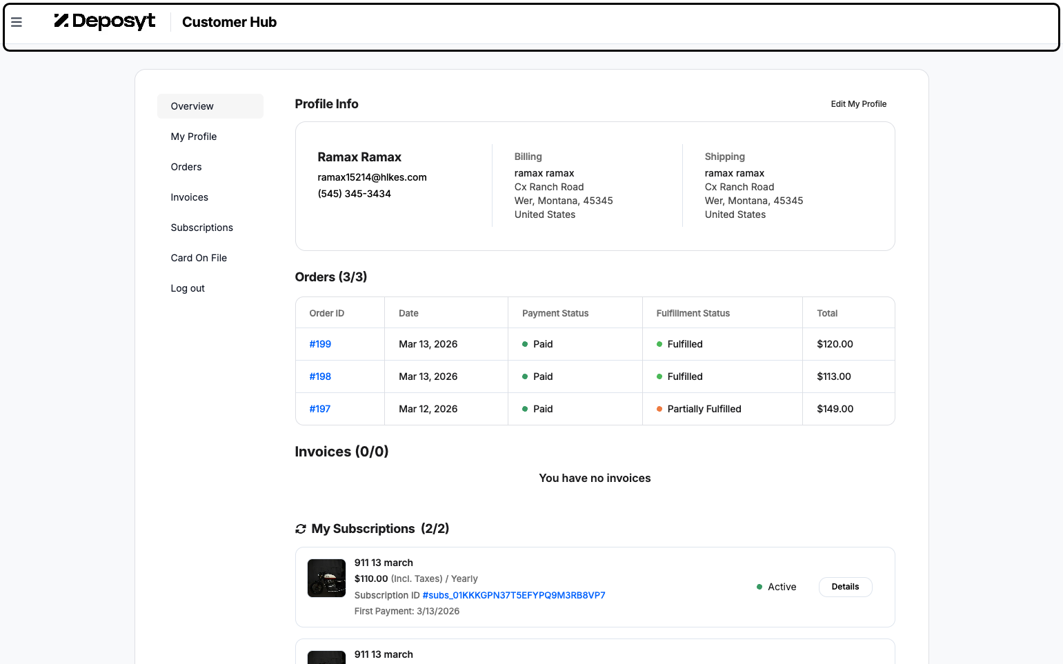 Step 5: A new window will open with the Customer Hub. Here, you can access the customer’s profile, orders, invoices, subscriptions, and card on file.