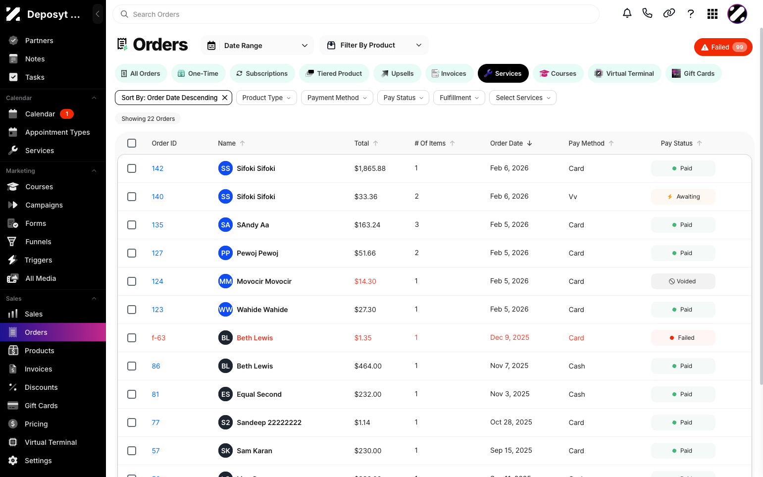 Step 3: By default, the All Orders tab is displayed. Click the Services button to view services. Here, you can see the Order ID, Customer Name, Total Amount, Number of Items, Order Date, Payment Method, and Pay Status.