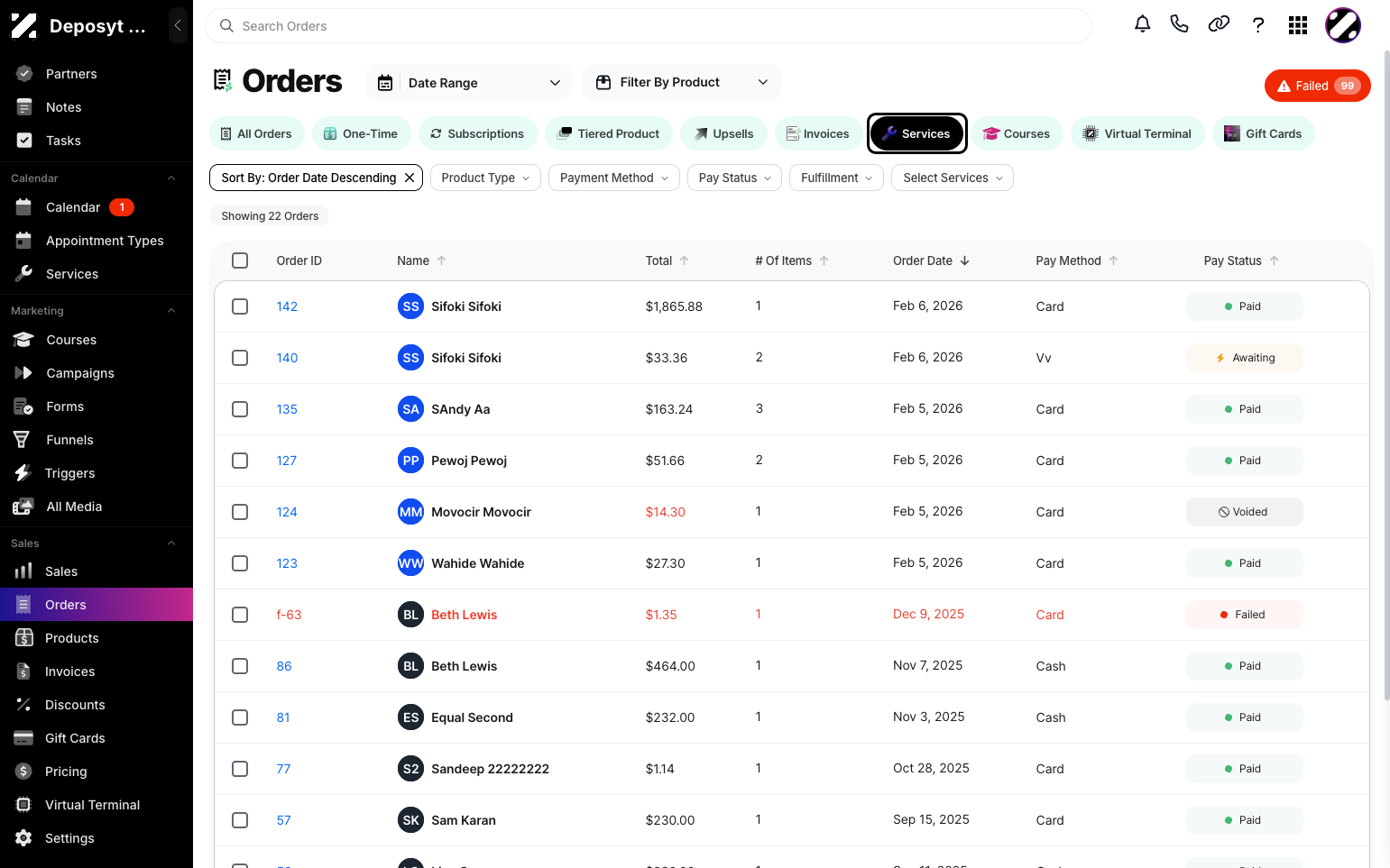 Step 3: By default, the All Orders tab is displayed. Click the Services button to view services. Here, you can see the Order ID, Customer Name, Total Amount, Number of Items, Order Date, Payment Method, and Pay Status.