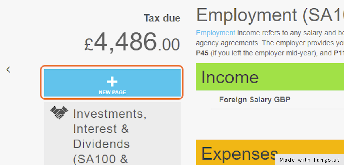 Now we need to include the foreign tax paid on the SA106 Foreign income page. Click on NEW PAGE...