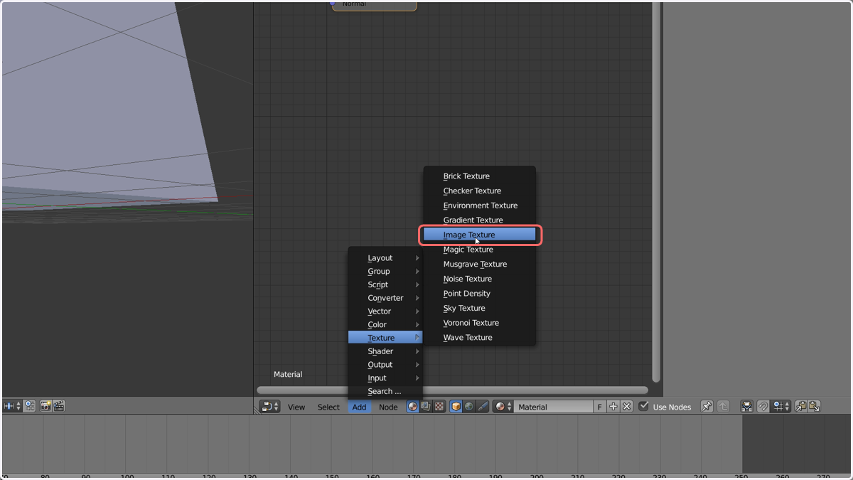 Back on the Node Editor screen, navigate to Image Texture and add it to our nodes