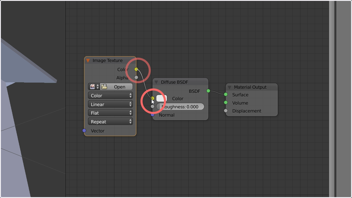 Click and drag to connect the Colour node of the "Image Texture" to the other available Colour node.