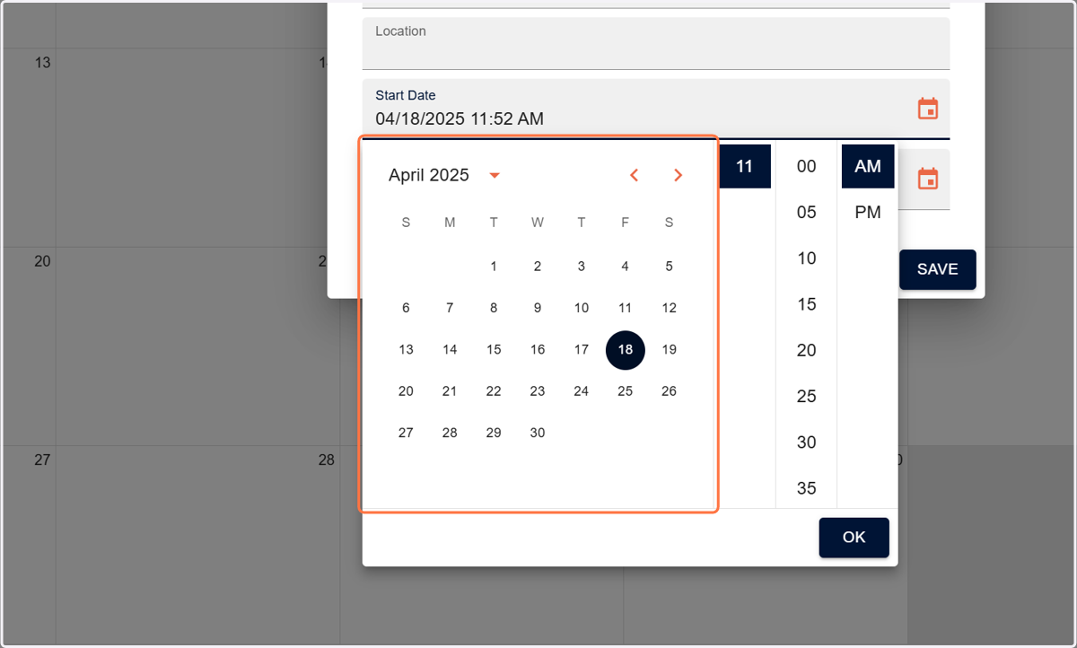 The calendar Icon will drop down for you to select your date and times accordingly