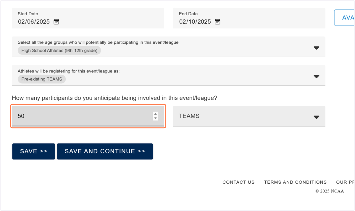 Type how many people/teams will be registering for the event.