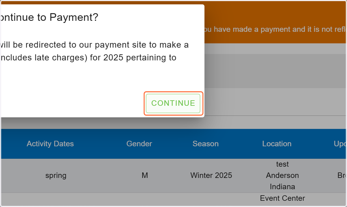 Click CONTINUE to be redirected to the payment site.