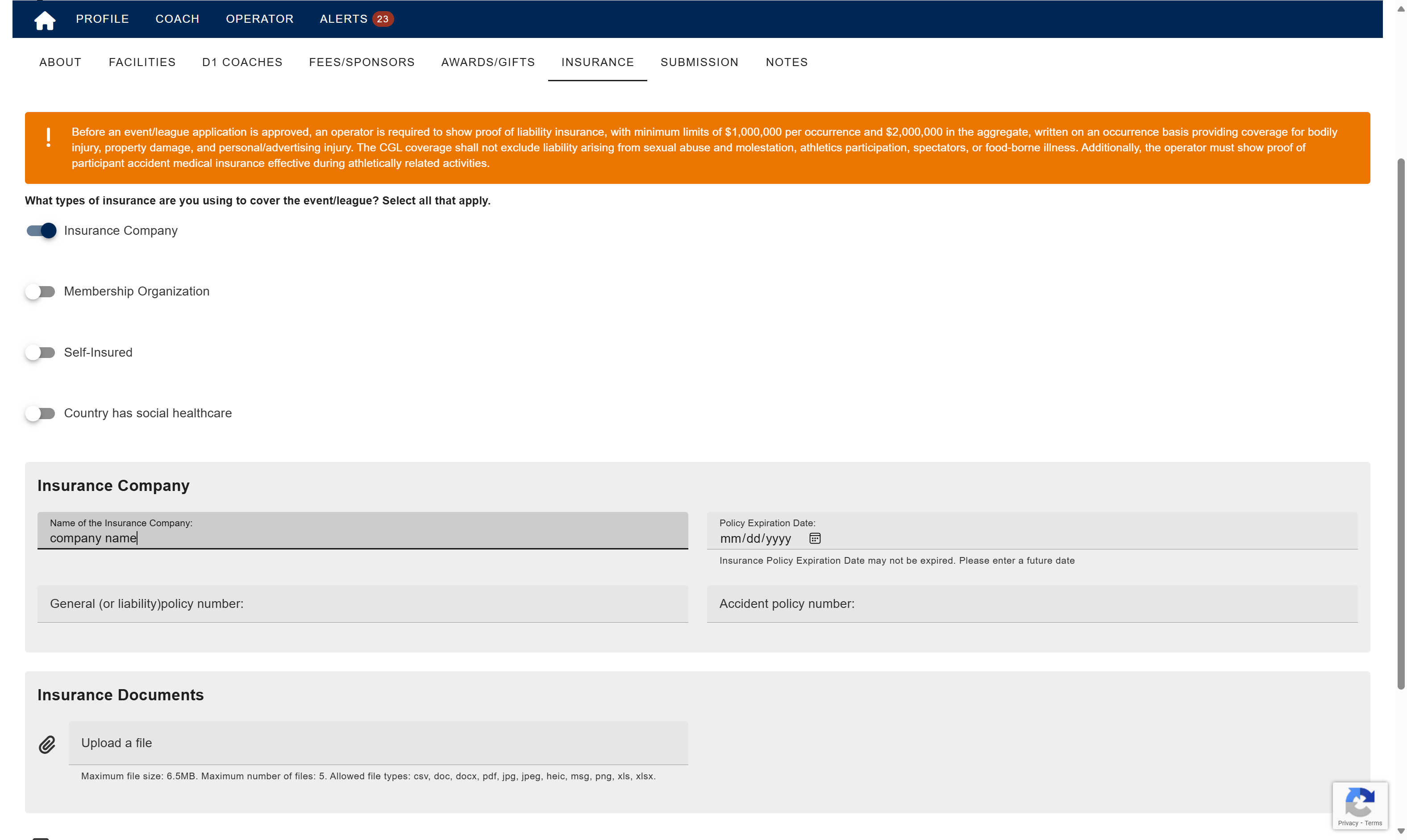 Add the Insurance Company Name and policy information.